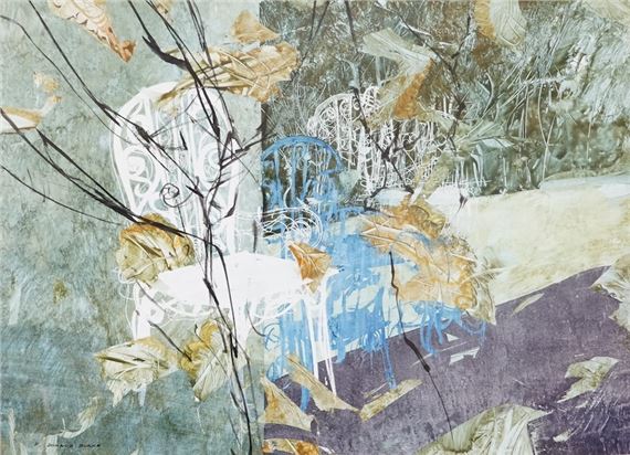 An abstract composition blending organic forms with delicate white lace-like structures.