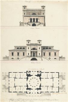 3 sheets: Facade design and floor plan of a country house (on the Brenta Canal - Jacob Friedrich Dyckerhoff
