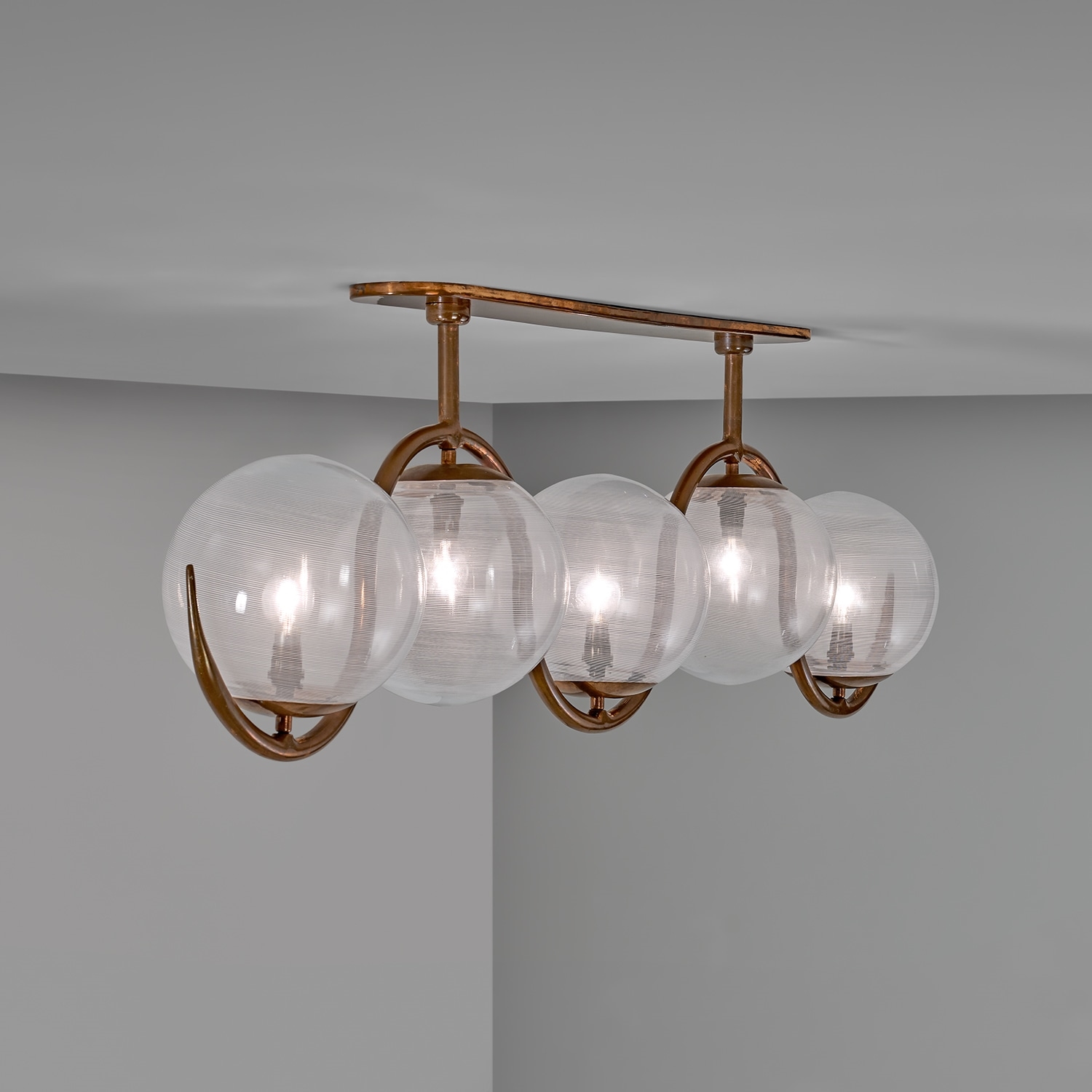 Artwork by Carlo Scarpa, Rare ceiling light, model no. 208, Made of Mezza filigrana glass, copper