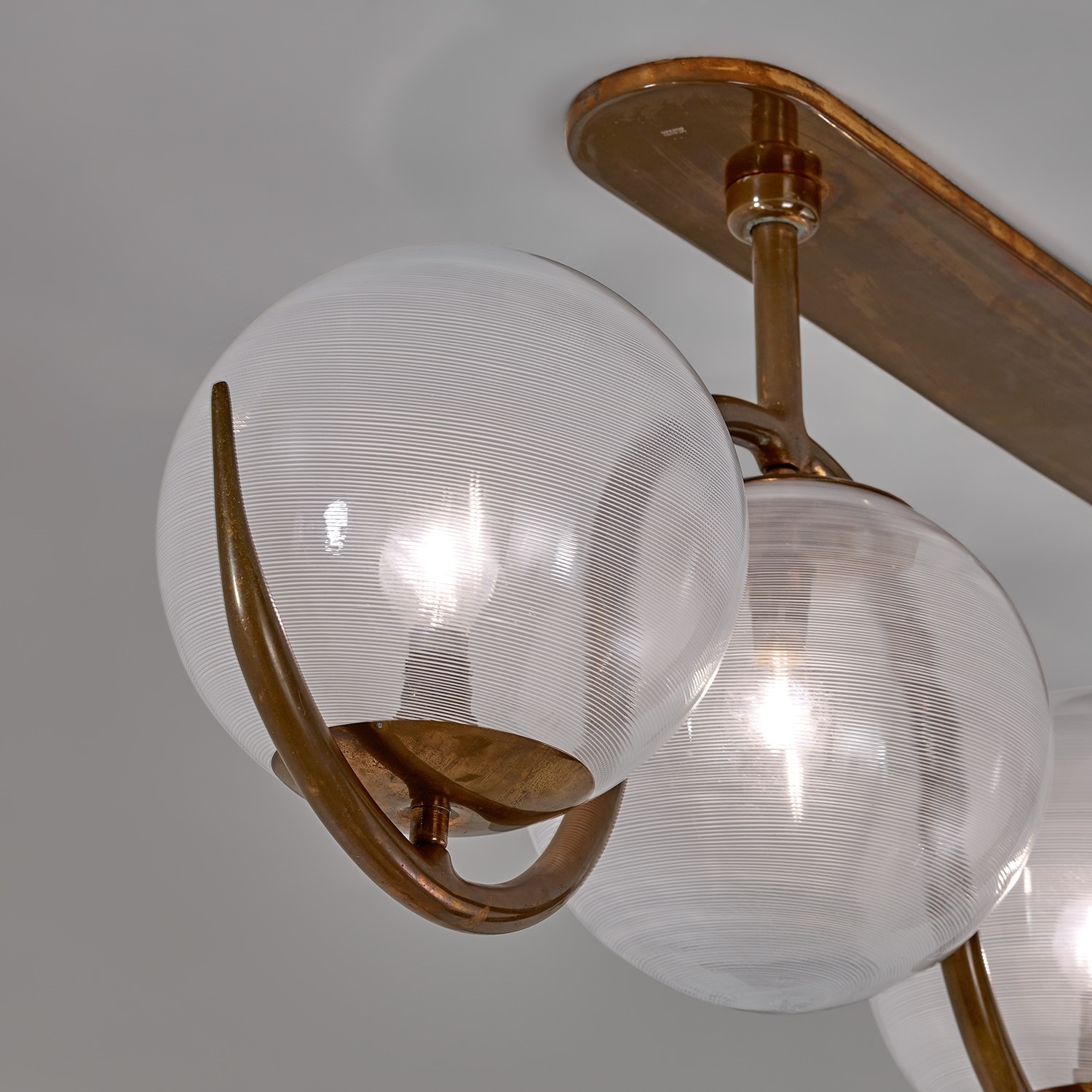 Artwork by Carlo Scarpa, Rare ceiling light, model no. 208, Made of Mezza filigrana glass, copper