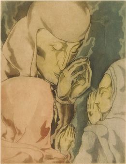 A muted-toned watercolor scene of two hooded figures in prayer.