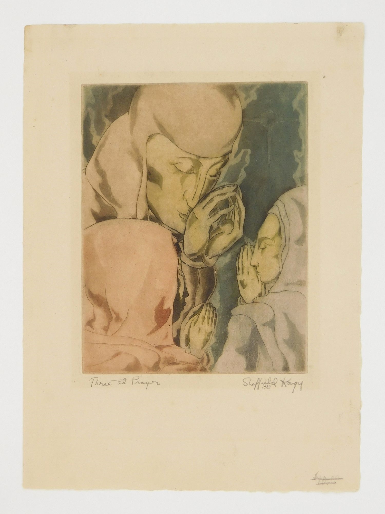 A muted-toned watercolor scene of two hooded figures in prayer.