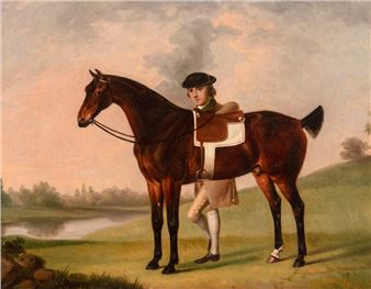 A classical oil painting of a mounted figure standing beside a dark horse in a pastoral landscape.