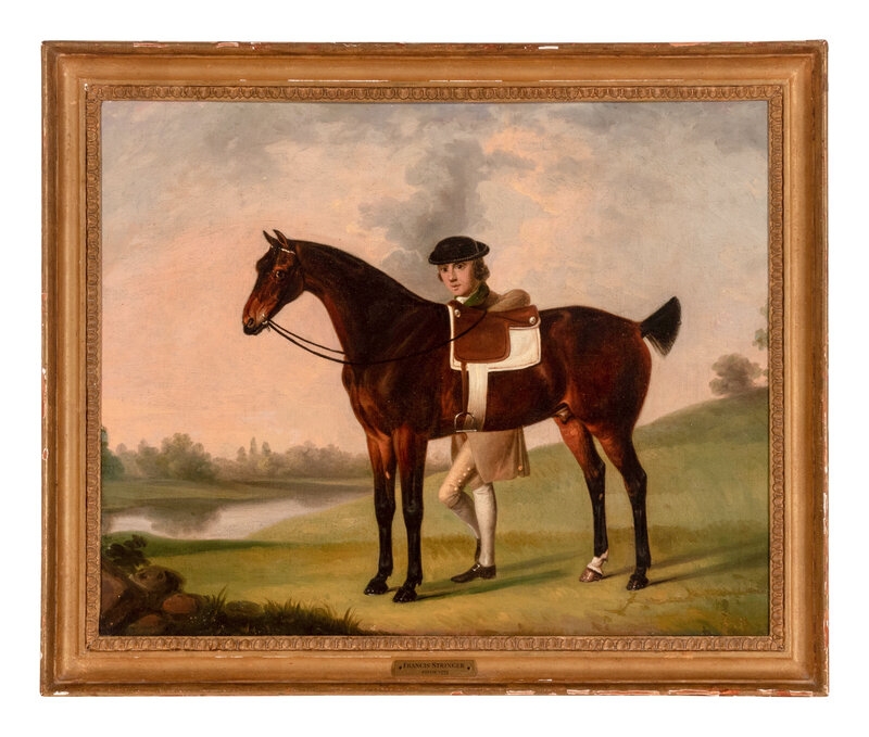 A classical oil painting of a mounted figure standing beside a dark horse in a pastoral landscape.