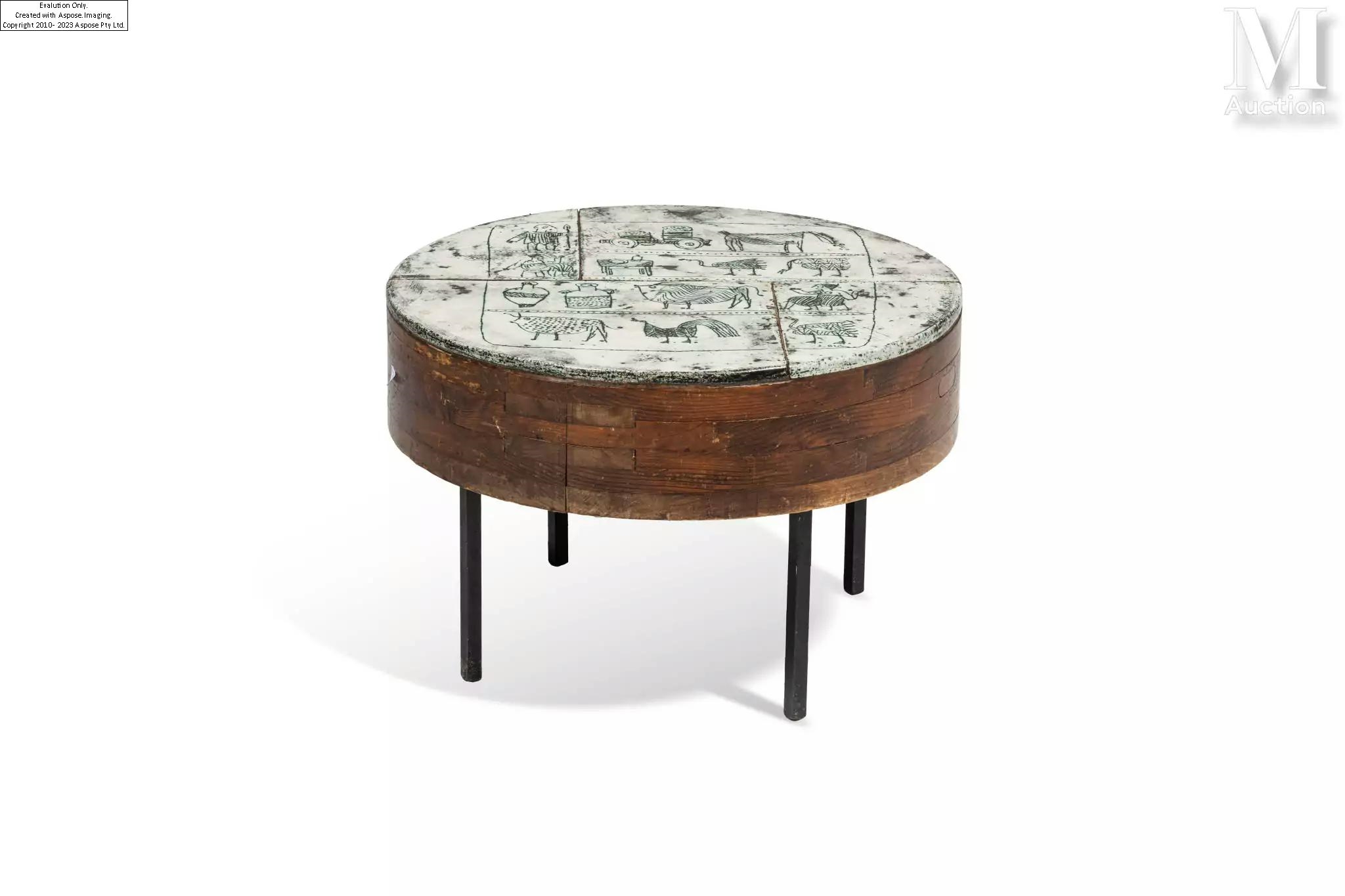 Artwork by Jacques Blin, Table basse en lames de bois et piétement quadrangulaire, Made of en faïence émaillée