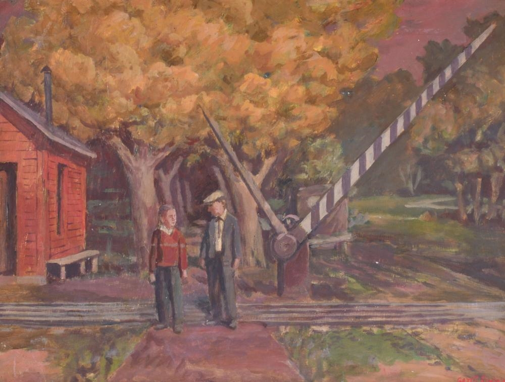 Artwork by Gerrit Van Sinclair, THE RAILROAD CROSSING, Made of Oil on artist board