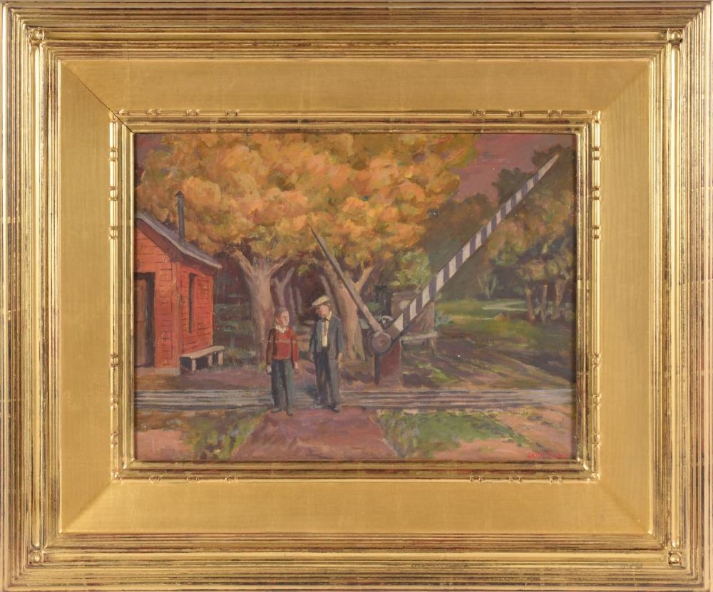 Artwork by Gerrit Van Sinclair, THE RAILROAD CROSSING, Made of Oil on artist board