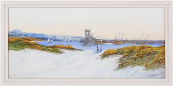 A serene coastal landscape painting featuring a sandy path, dunes with yellow flowers, and distant ruins under a soft sky.