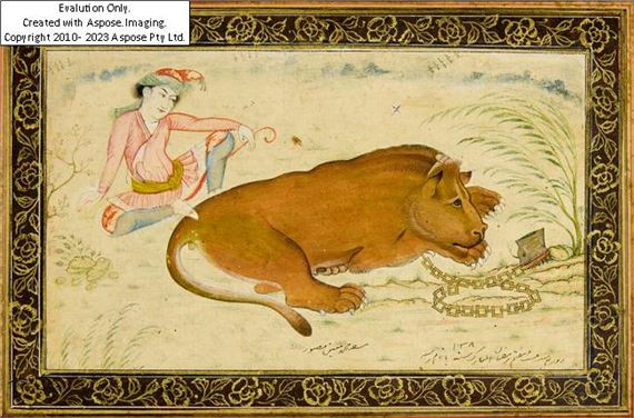 Mu'in Musavvir | A chained lion and keeper | MutualArt
