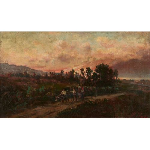 Paesaggio al tramonto con mulo e contadini by Ambrogio Preda