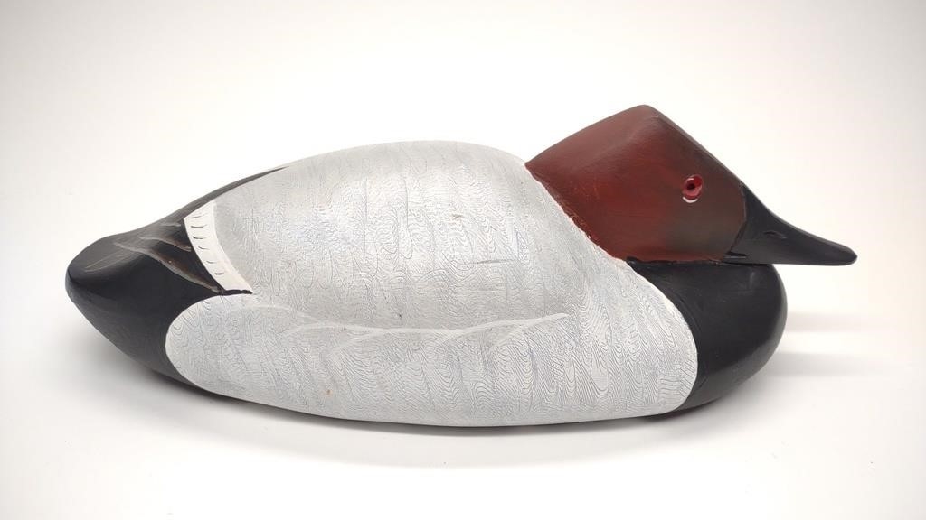 Artwork by Doug Gates, Doug Gates Tucked Head Canvasback Drake Duck Decoy, Made of glass