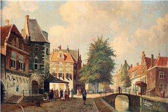 Stadsgezicht met wandelende personen langs de gracht - P. Wiegman