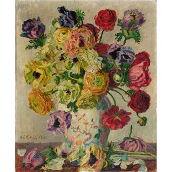 Stillleben mit Ranunkeln und Mohn in Keramikvase - Henry-Claudius Forestier