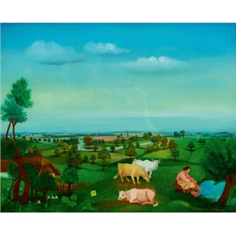 Bäuerliche Landschaft mit Hirtin am Wasser - Dragan Gazi