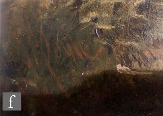 A close-up of a textured painting surface with visible brushstrokes and a signature.