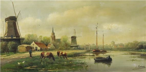 Oil on canvas of a Dutch landscape with windmills and cattle beside a river by Alfred Märtens, 1888