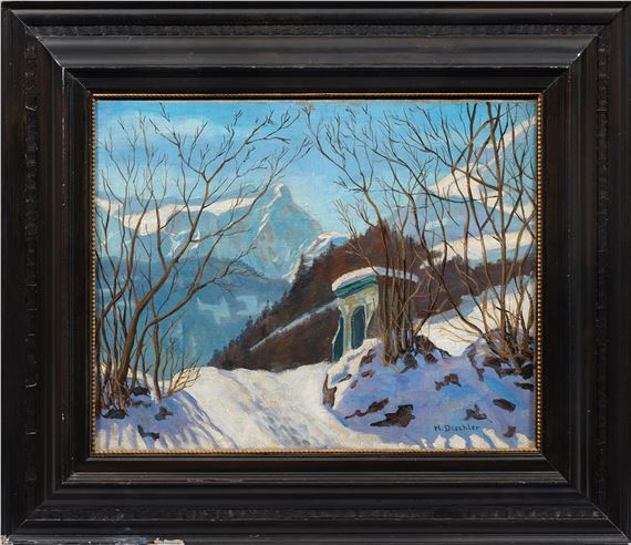 (1866 Freiburg im Breisgau - 1935 Hinterzarten) Verschneite Berglandschaft mit Bildstock Blick von einer Anhöhe mit dem Bildstock auf hohe Berge by Hermann Dischler, 1866