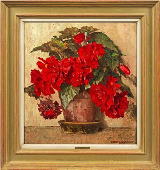 (1869 Langemüß - 1960 Beuerberg) Stillleben mit rot blühendem Begonientopf In leuchtendem Kolorit gemaltes Werk Liebermanns, der seine künstlerische Ausbildung 1890-1893 an der Berliner Akademie erhielt und seit 1897 in München ansässig war - Ernst Liebermann