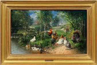 (1859 München - 1913 Planegg) Federvieh am Ufer Reizvolle, ländliche Idylle mit Enten, Hühnern und Truthühnern mit Landschaftsausblick auf ein pittoreskes, kleines Dorf - Julius Scheuerer