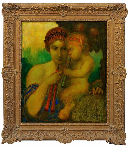 (1881 Jona/Kanton Sankt Gallen - 1954 Egnach/Kanton Thurgau) Musizierende Bacchantin und Faunsknabe mit Aulis und Flöte Der Schweizer Maler Frey-Moock ging 1902 nach München, wo er ab 1904 an der Akademie bei Karl Raupp und Wilhelm von Diez studierte und später Assistent von Franz von Stuck wurde by Adolf Frey-Moock, 1881