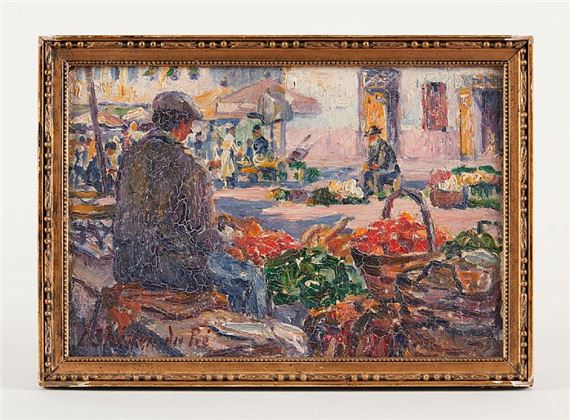 A vibrant market scene rendered in an Impressionist style, capturing the bustling energy of a vegetable stand.