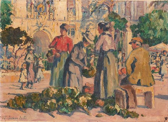 A vibrant outdoor market scene filled with figures and produce.
