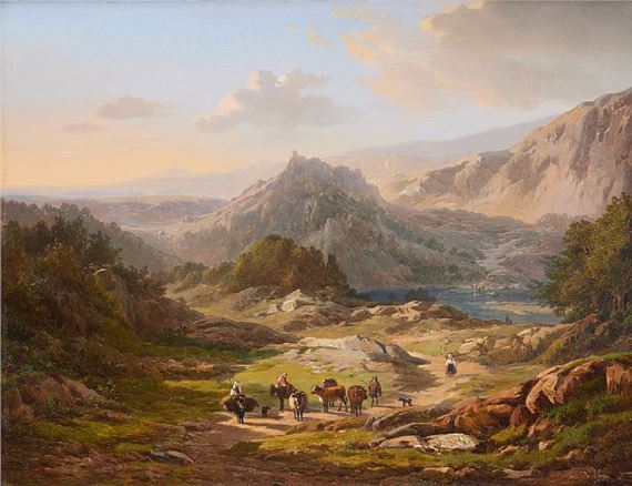 Promeneurs et ânes bâtés sur fond de paysage lacustre et montagneux en Italie. by Edouard de Vigne