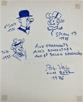 Exceptionnel dessin (20x25) représentant ses principaux héros dont Spirou - François Robert Velter