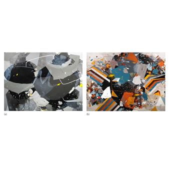 A diptych of abstract paintings featuring fragmented geometric forms and bold color contrasts.