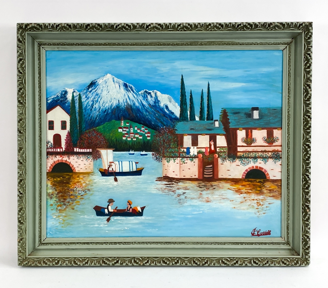 Artwork by P. Coviello, P. COVIELLO 20TH CENTURY FOLK ART O/C PAINTING, Made of Oil on canvas with blue decorated wood