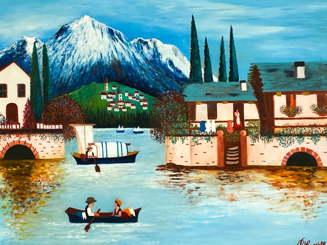 Artwork by P. Coviello, P. COVIELLO 20TH CENTURY FOLK ART O/C PAINTING, Made of Oil on canvas with blue decorated wood