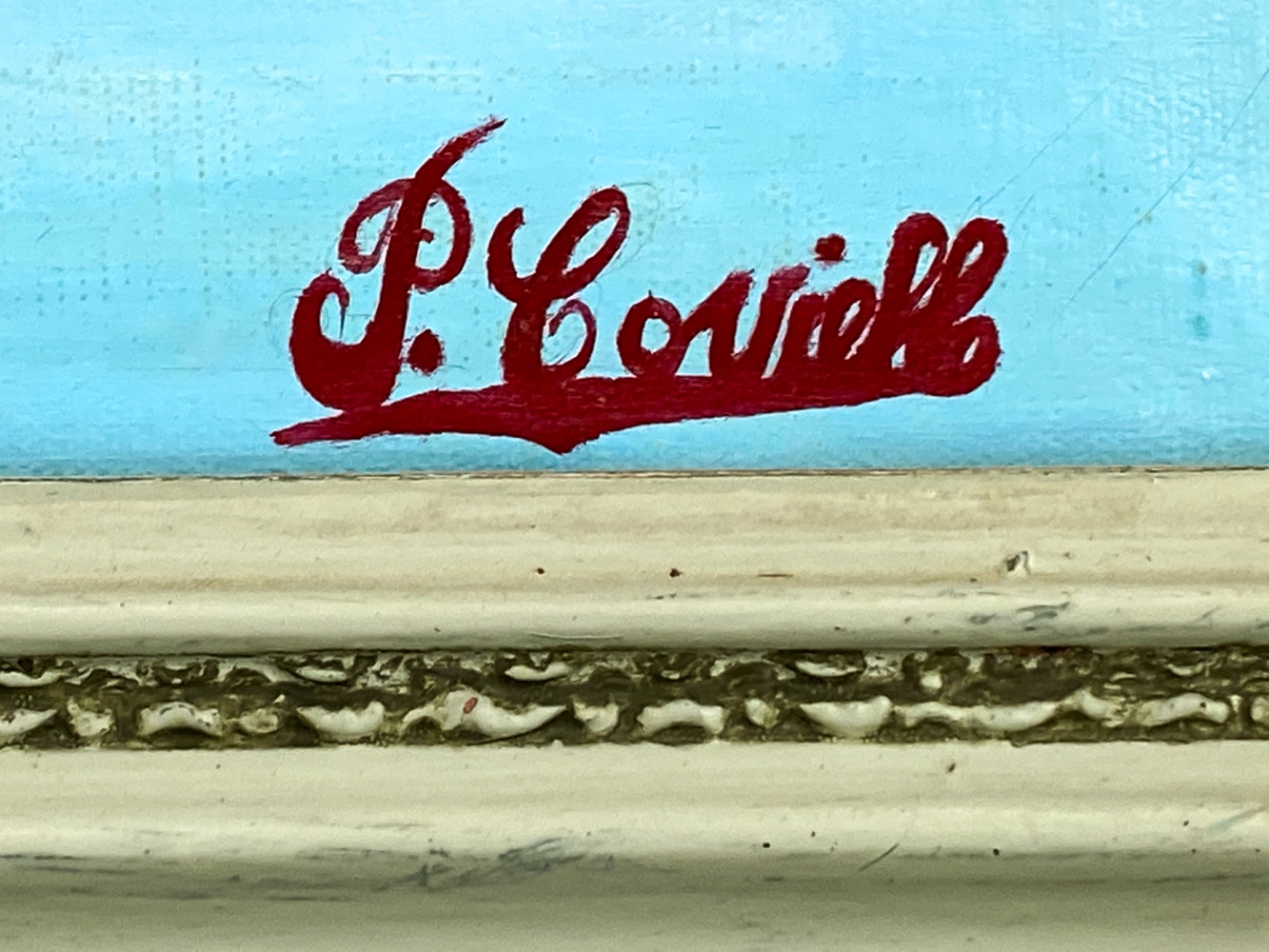 Artwork by P. Coviello, P. COVIELLO 20TH CENTURY FOLK ART O/C PAINTING, Made of Oil on canvas with blue decorated wood