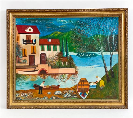P. COVIELLO FOLK ART LANDSCAPE O/C PAINTING by P. Coviello