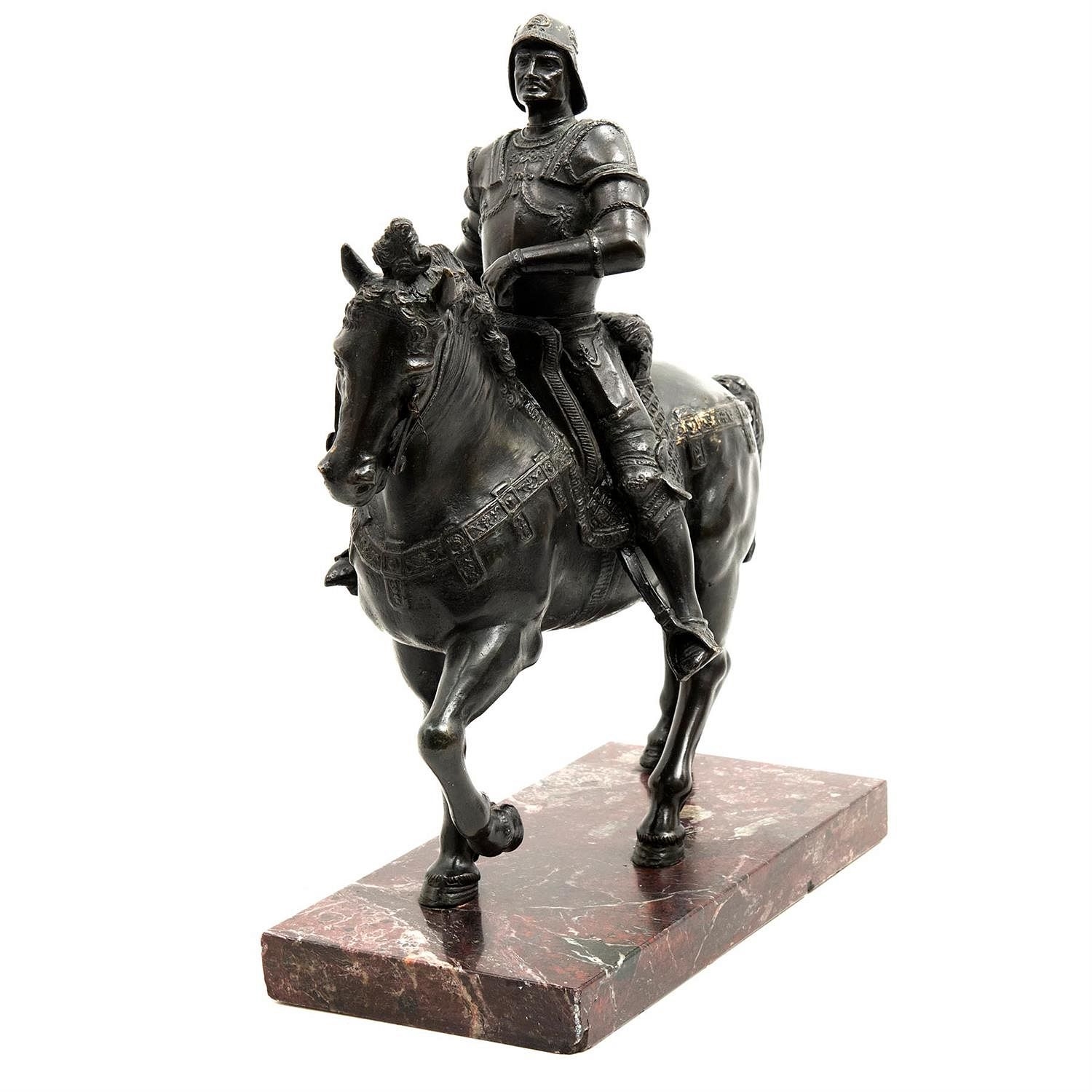 Artwork by Andrea del Verrocchio, ESTATUA ECUESTRE DE BARTOLOMEO COLLEONI, Made of Bronze, patinated in black; with a red marble base