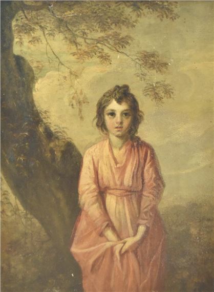 portrait of a young girl resting against a tree by JR, 19th century