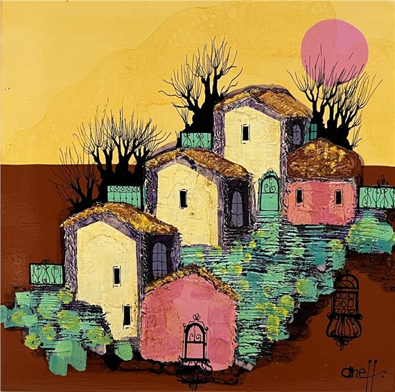 Liny Aneff "Grupo de casas" Acrilico sobre carton Firmado abajo derecha by Liny Aneff