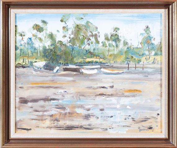 River boats and waderbird by Piers Bateman, dated 1973