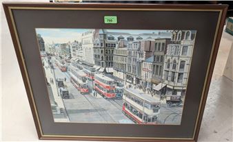 Northern scene watercolour of trams - George Sidney "sid" Cooper
