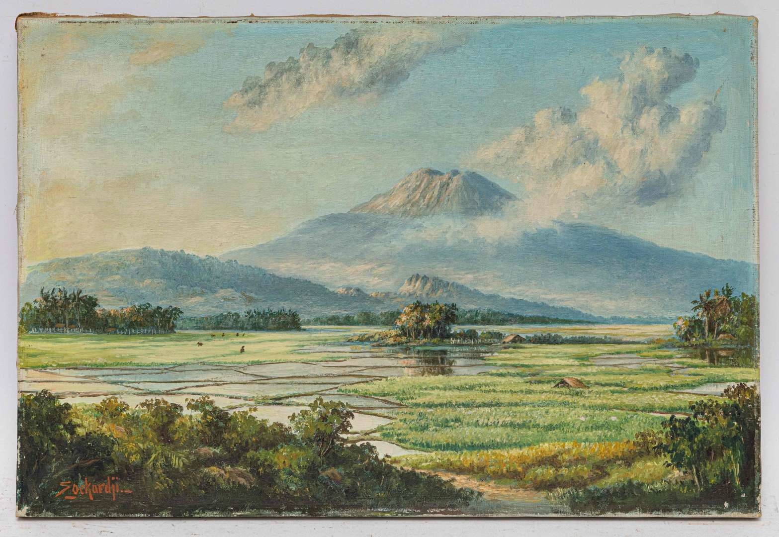 Artwork by Soekardji, Landschap met vulkaan, Made of oil on canvas