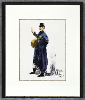 “Postbode”, een schilderij, olieverf op papier, gesigneerd Roger Van Belleghem en gedateerd 1965 - Roger van Belleghem