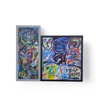b. 1949) Abstract Portrait and Abstract Faces Oil on Canvas x 2 Signed and dated 40cm x 100cm and 75cm x 82.5cm - John Sheehy