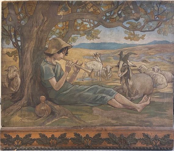 Shepherd musician and his goats  88 x 102 cm - Antoine Daens