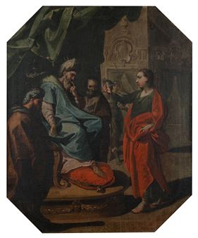 A dramatic Baroque-style painting depicting a tense confrontation between a seated figure in blue robes and a standing figure in red, surrounded by onlookers.