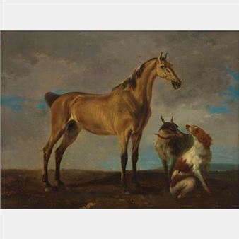 Portrait d'une jument isabelle avec deux chiens - Brun de Versoix