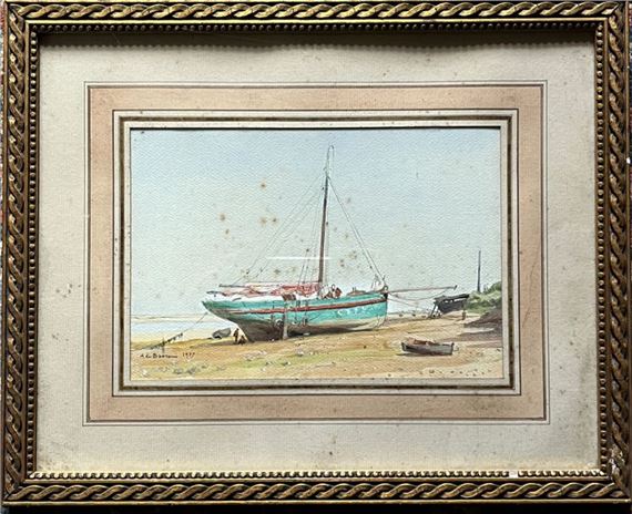 Sailboat at low tide by Alexis De Broca, 1927