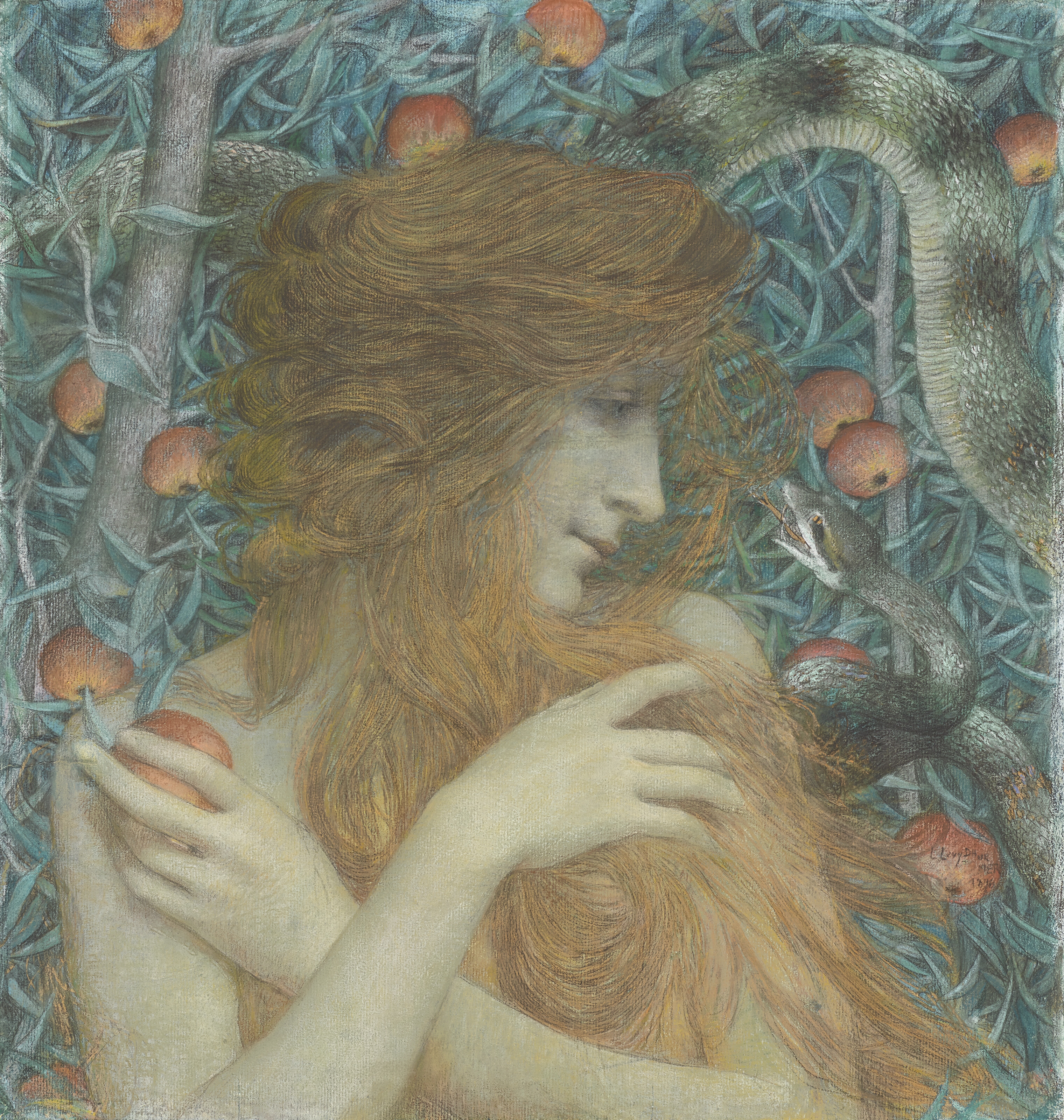 Artwork by Lucien Lévy-Dhurmer, Eve, Made of pastel highlighted with gold over pencil on paper on canvas