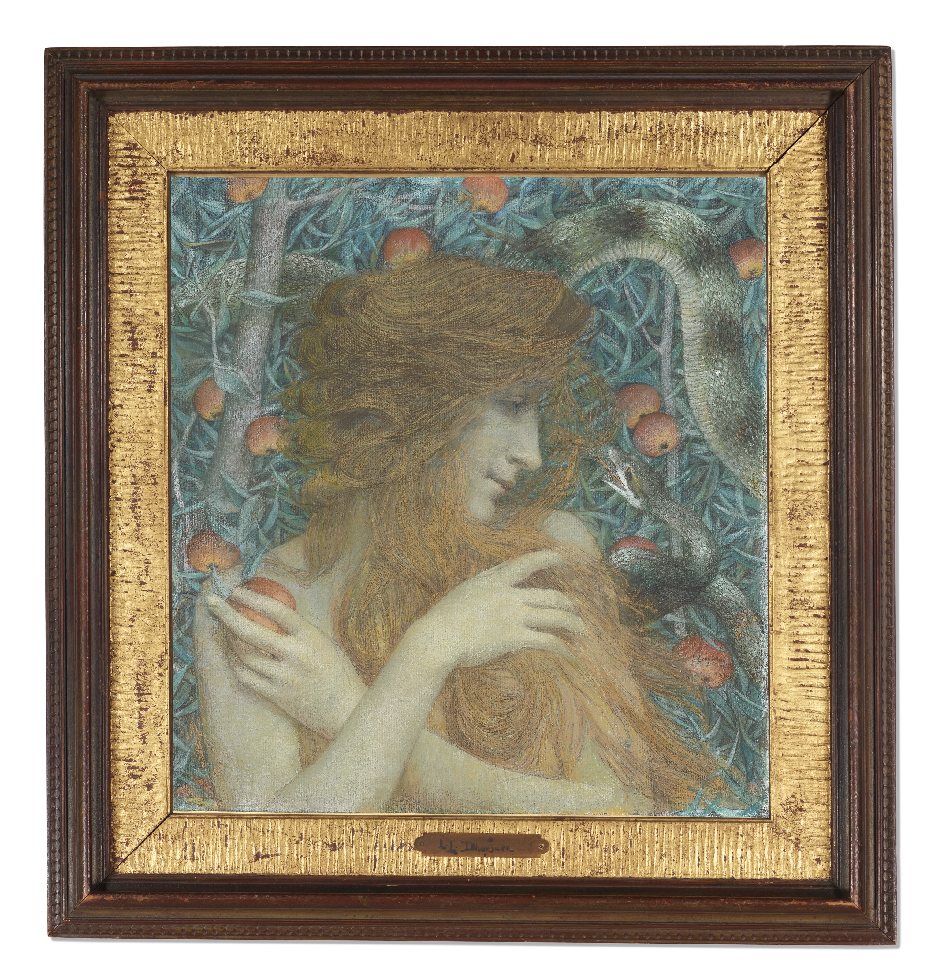 Artwork by Lucien Lévy-Dhurmer, Eve, Made of pastel highlighted with gold over pencil on paper on canvas