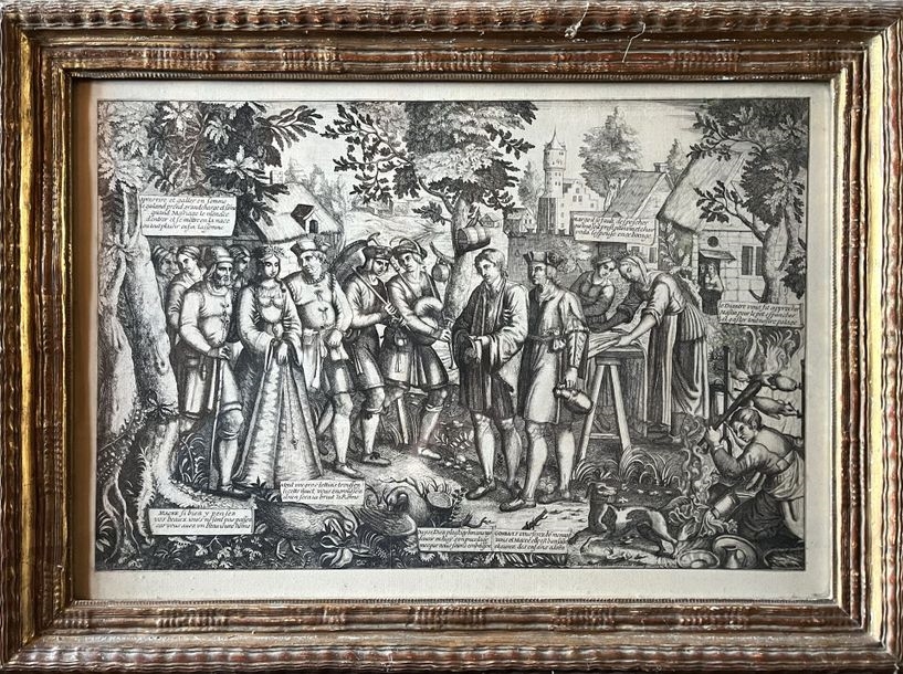 Artwork by Francois Bignon, The village wedding of Gombault and Macée, procession in the village street, Made of Wood engraving