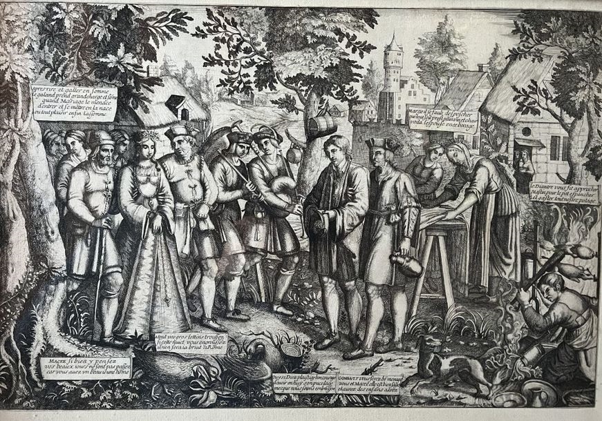 Artwork by Francois Bignon, The village wedding of Gombault and Macée, procession in the village street, Made of Wood engraving