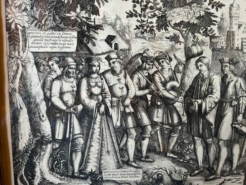 Artwork by Francois Bignon, The village wedding of Gombault and Macée, procession in the village street, Made of Wood engraving